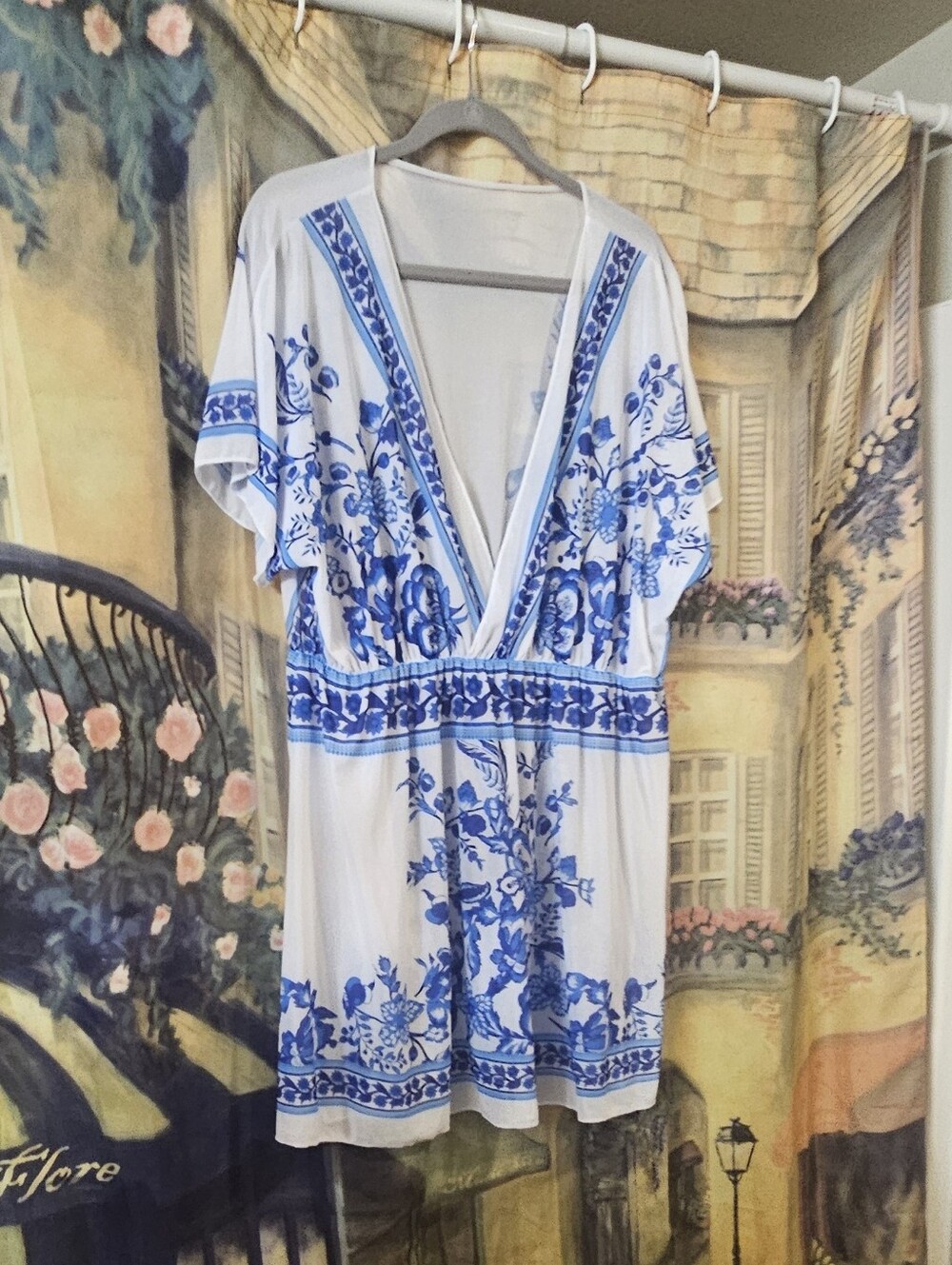 White & Blue Floral V-Neck Mini Mesh Dress